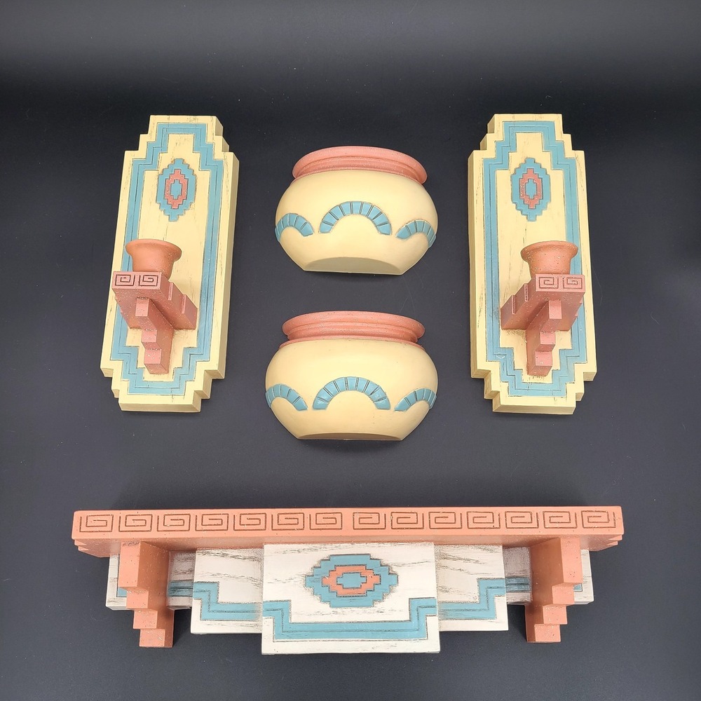 Vintage 1995 Burwood Aztec Southwest Wall Sconces Shelf Plant Pot Holders